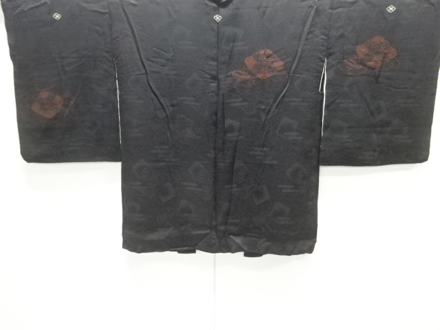 大正ロマン　紋錦紗　花に独楽模様織出し漆三つ紋羽織